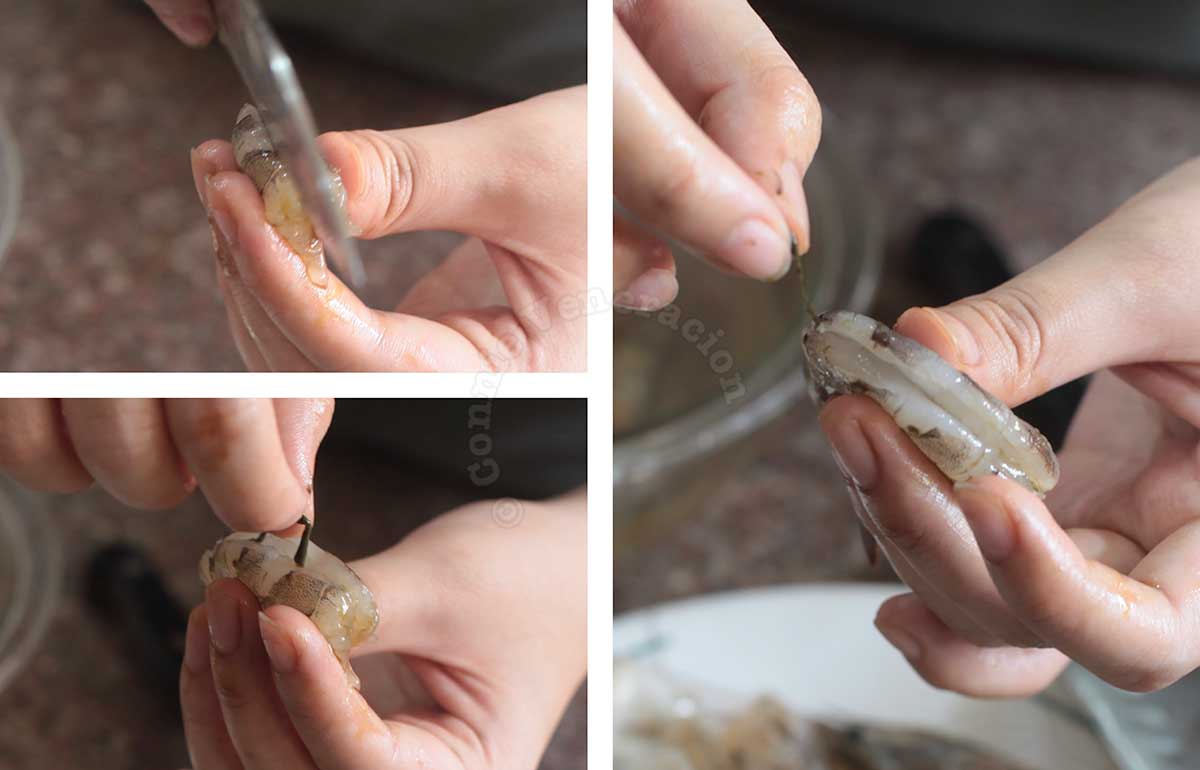 Slitting the back of a shrimp to remove the vein