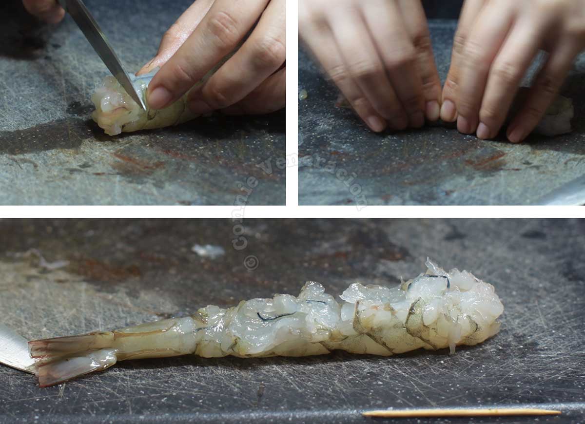 Scoring a shrimp to keep it straight when cooking tempura
