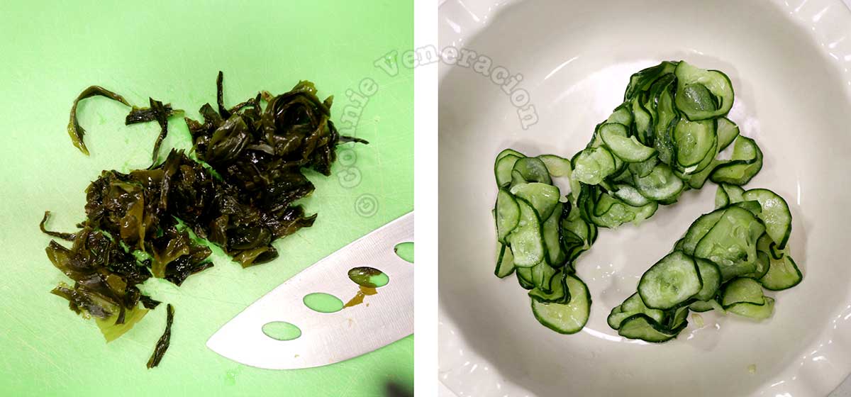 Slicing rehydrated wakame and squeezing water from cucumber slices