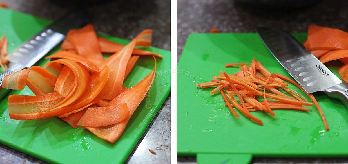 Sliced and julienned carrot for kani salad