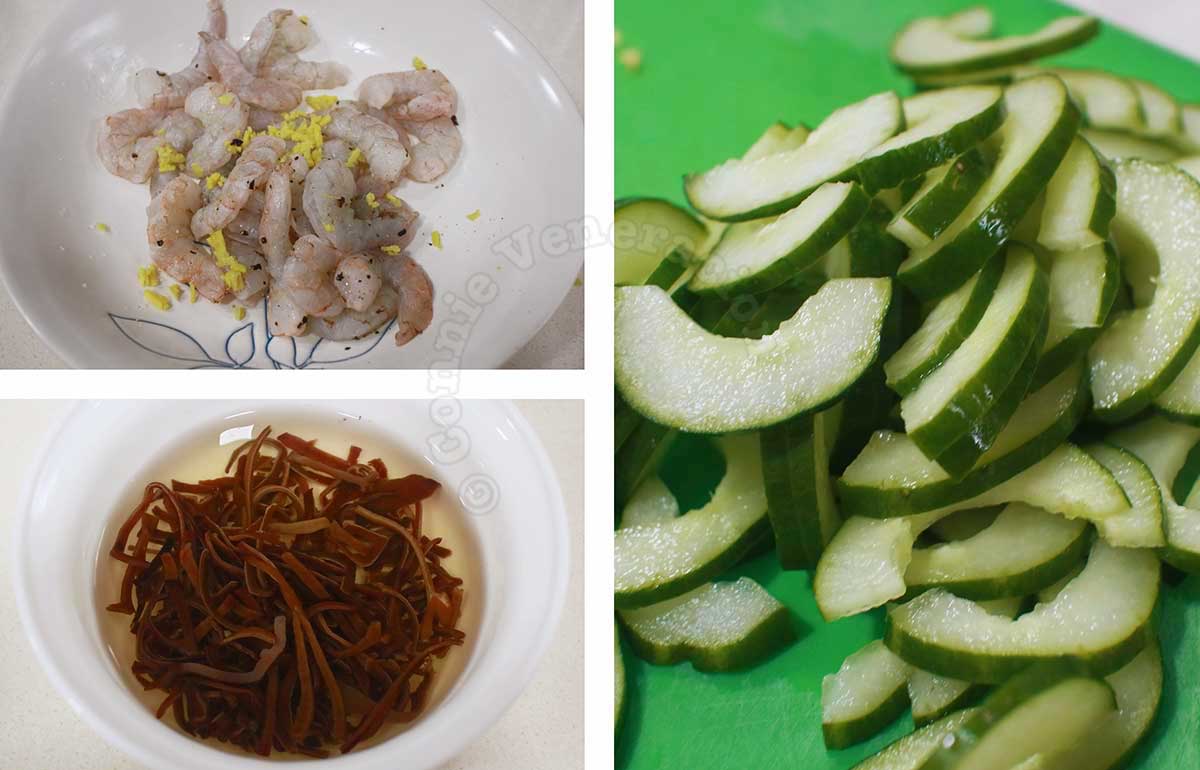 Shrimps, wood ears and sliced cucumber for moo shu shrimp stir fry