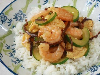 Moo shu shrimp served over rice