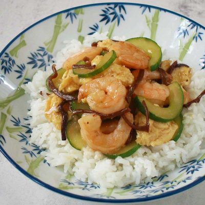 Moo shu shrimp served over rice