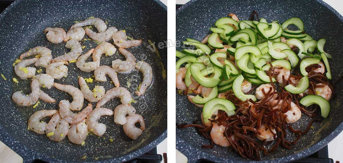 Stir frying shrimps, wood ears and cucumber slices