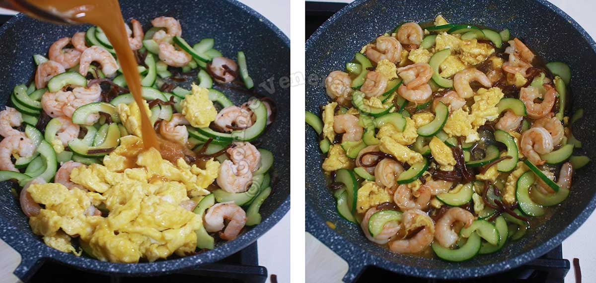 Adding sauce to shrimps, cucumbers, wood ears and egg