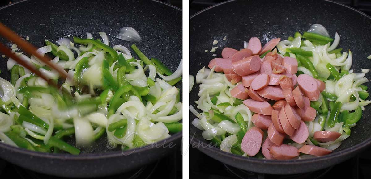 Adding sliced sausages to sauteed onion, garlic and bell pepper