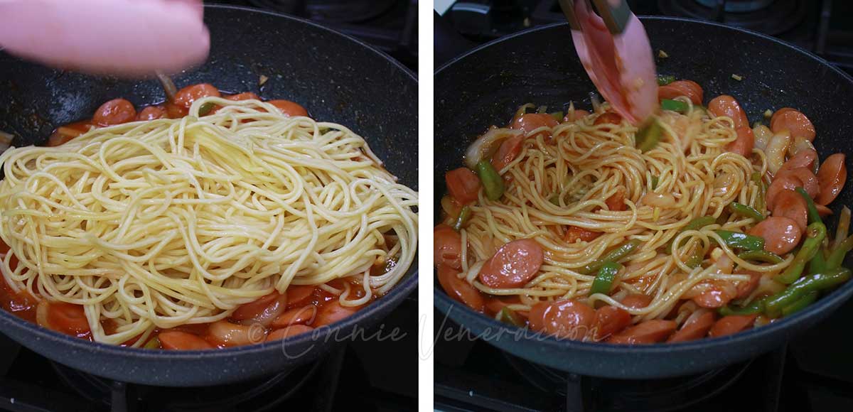 Tossing pasta in sauce to make Naporitan (Japanese ketchup spaghetti)