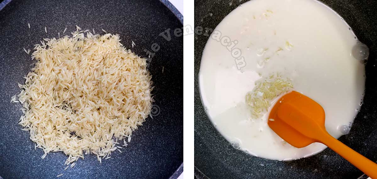 Stirring rice in coconut milk