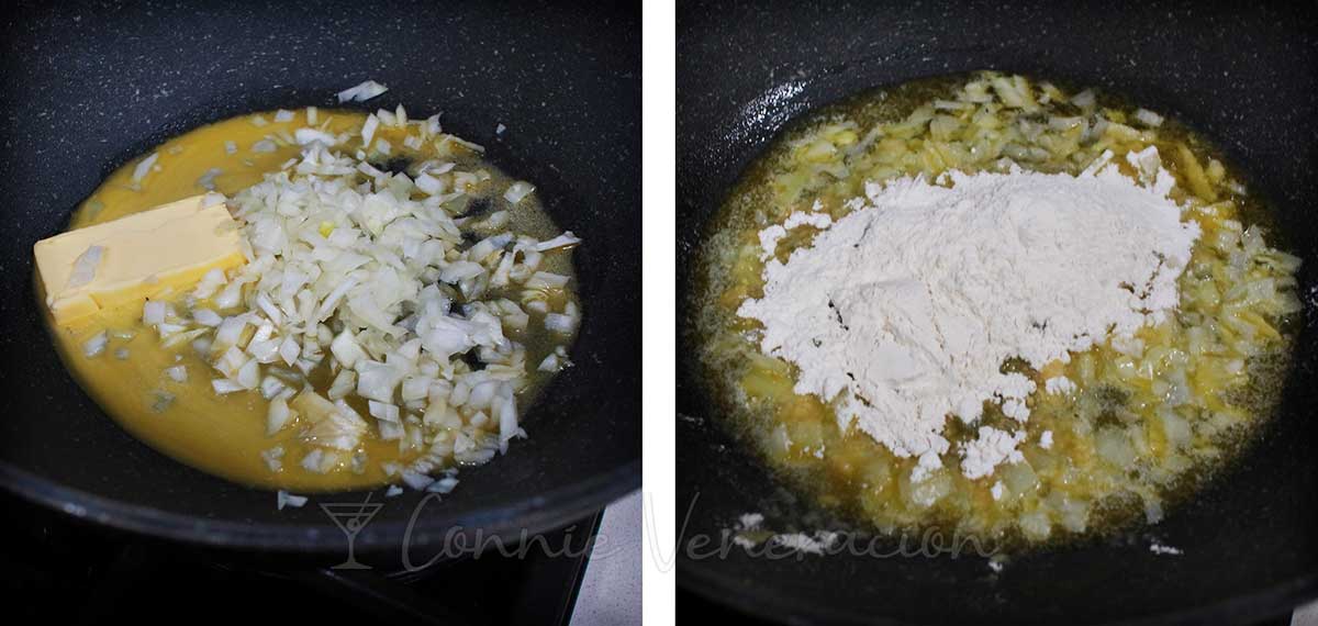 Making a roux with butter, chopped onion and flour