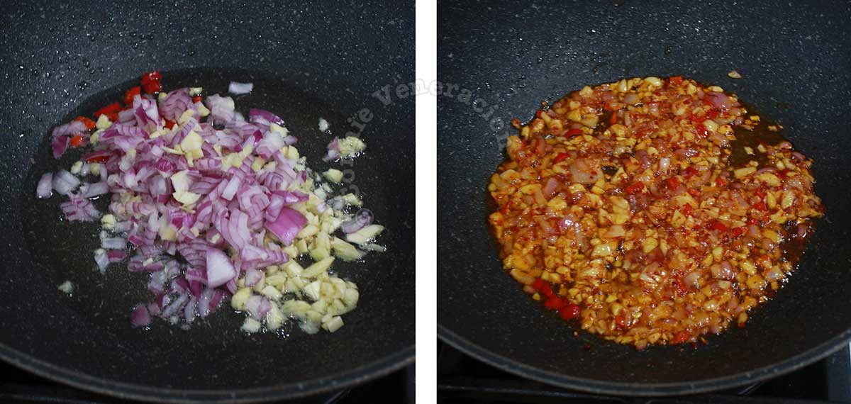 Sauteeing shallot, garlic and chilies