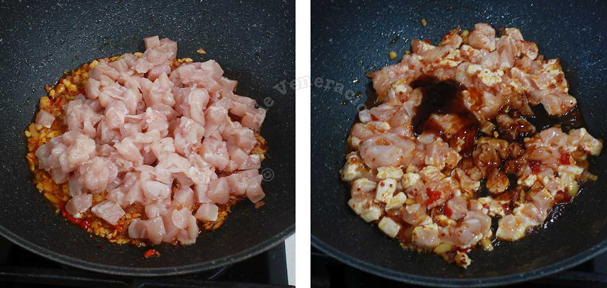Adding minced chicken to sauteed shallot, garlic and chilies in pan