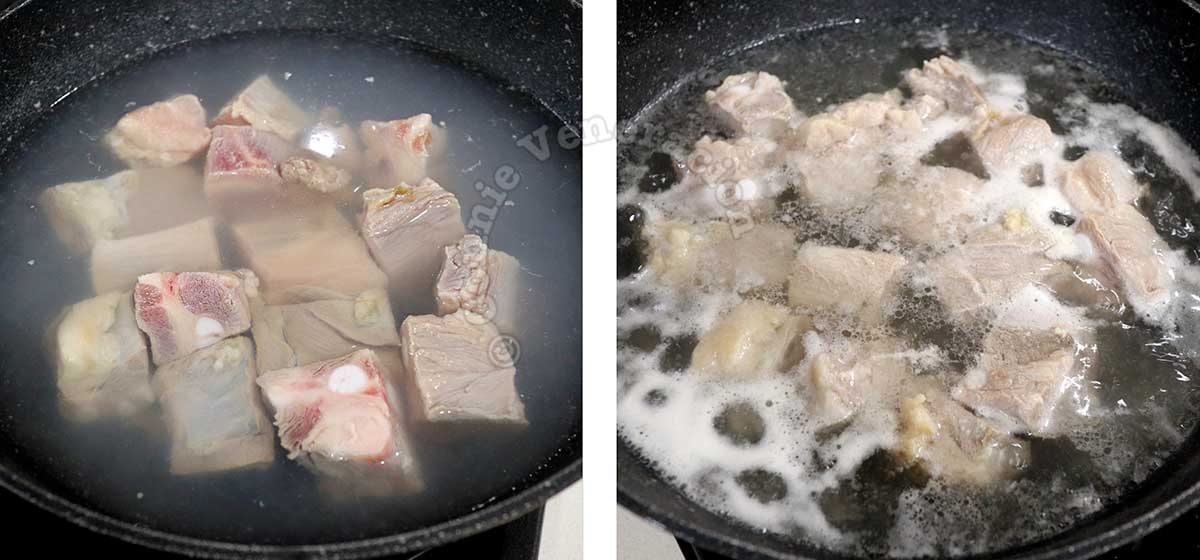 Parboiling pork bones to remove scum