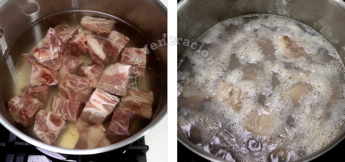 Parboiling pork ribs to remove scum