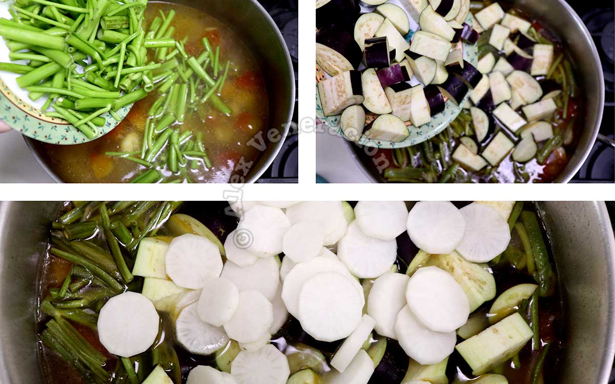 Adding kangkong stlaks, eggplants and radish to sinigang