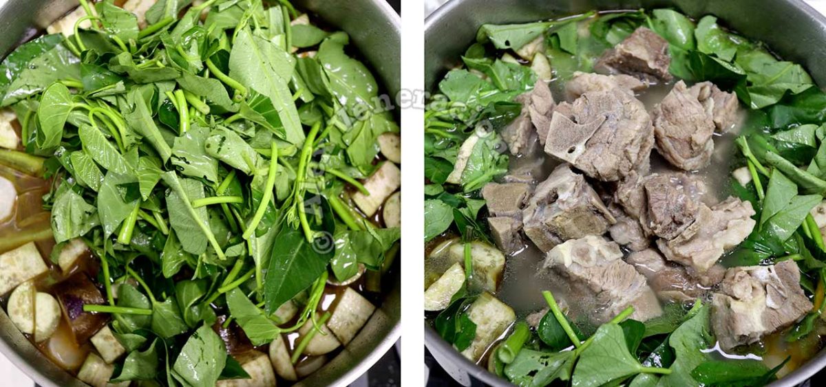 Adding kangkong leaves to pork ribs sinigang
