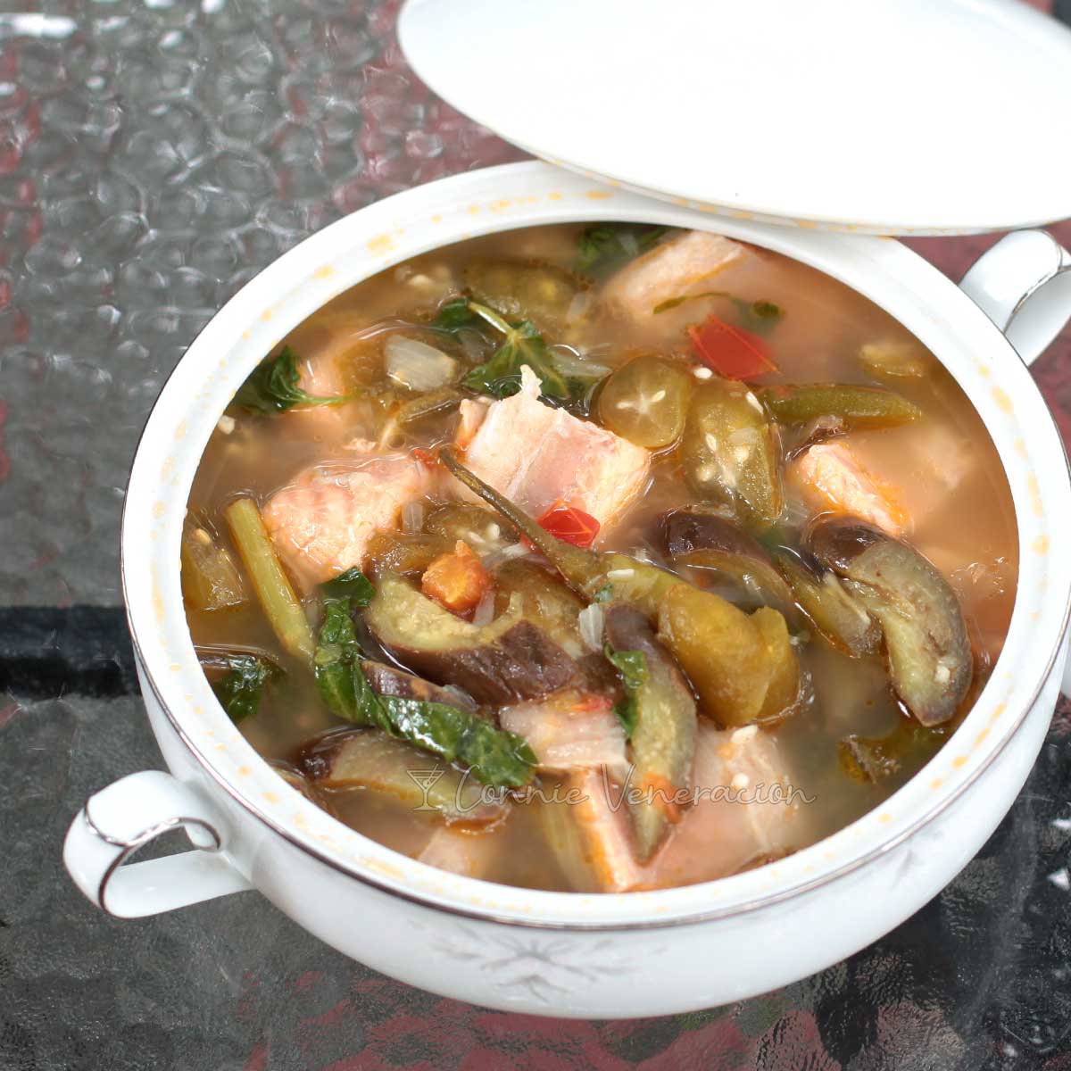 Salmon belly sinigang in tureen