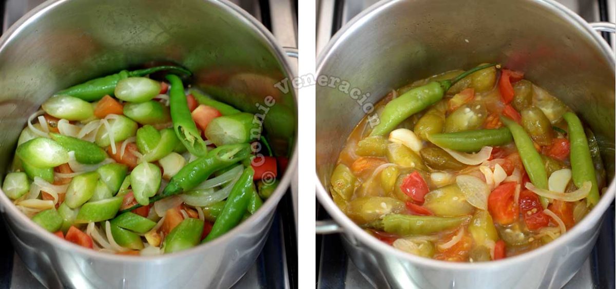 Cooking vegetables in pan to make sinigang