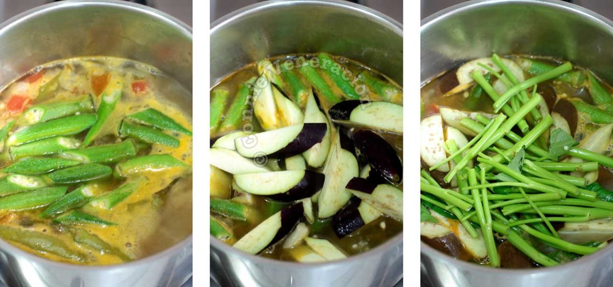 Adding vegetables to broth in pan to cook sinigang