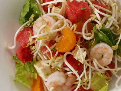 Shrimps, bean sprouts and watermelon salad