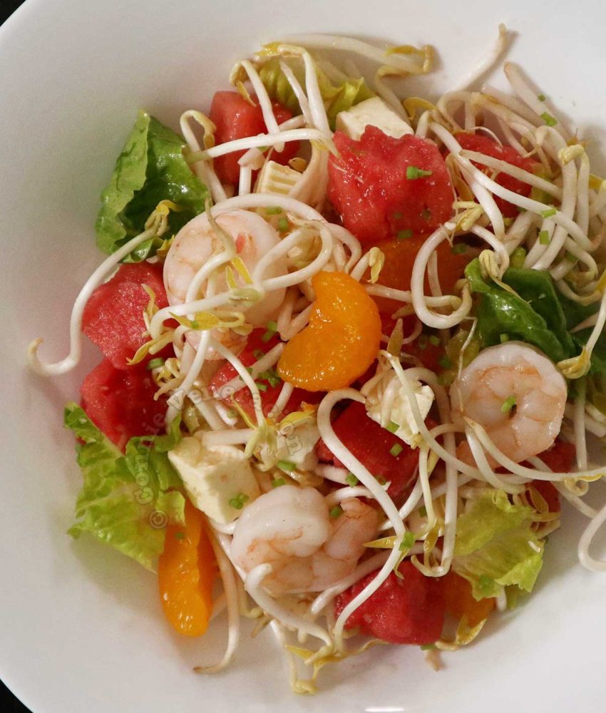 Shrimps, bean sprouts and watermelon salad