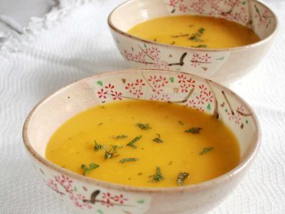Squash (not pumpkin) soup in sakura bowls