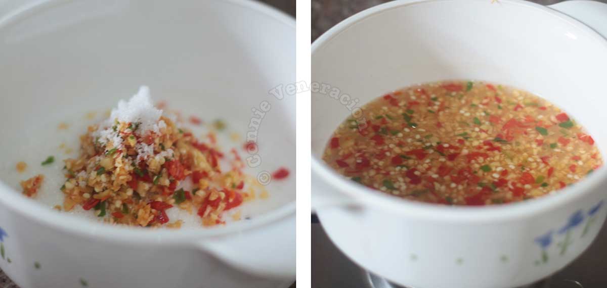 Boiling sugar, vinegar and spices to make sweet chili sauce