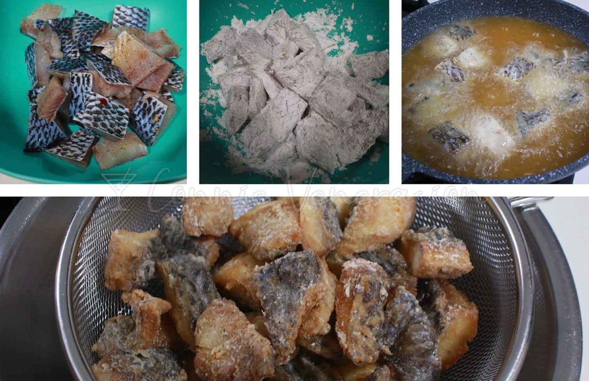 Fish fillet: cubes, seasoned, floured and fried
