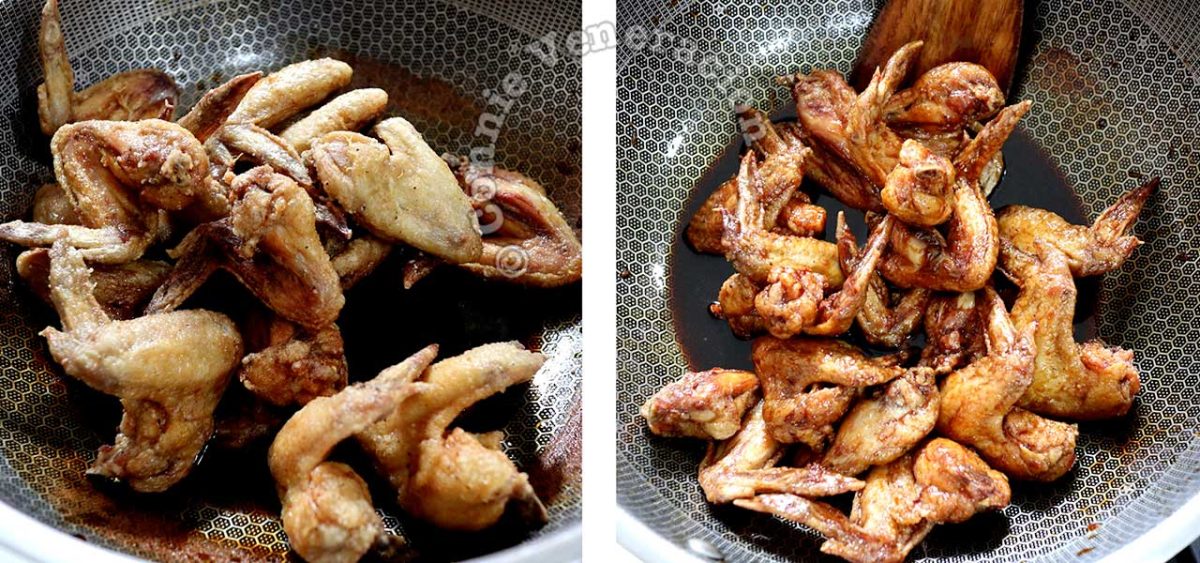 Tossing twice-fried chicken wings in sauce