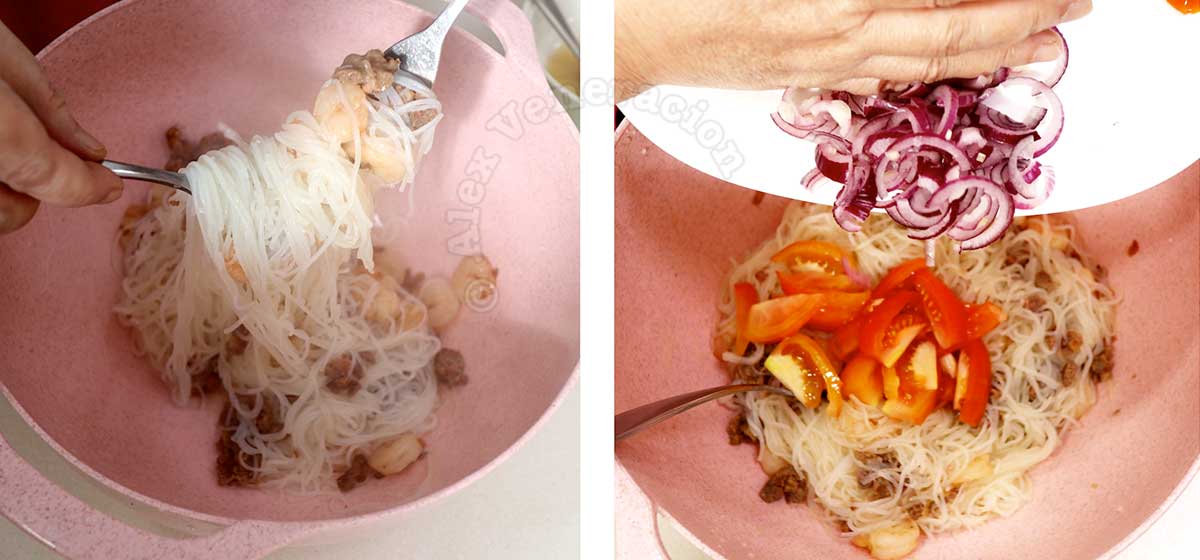 Adding sliced shallot and tomatoes to susage meat, noodles and shrimps