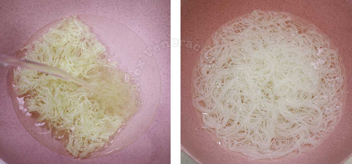 Soaking glass noodles in hot water