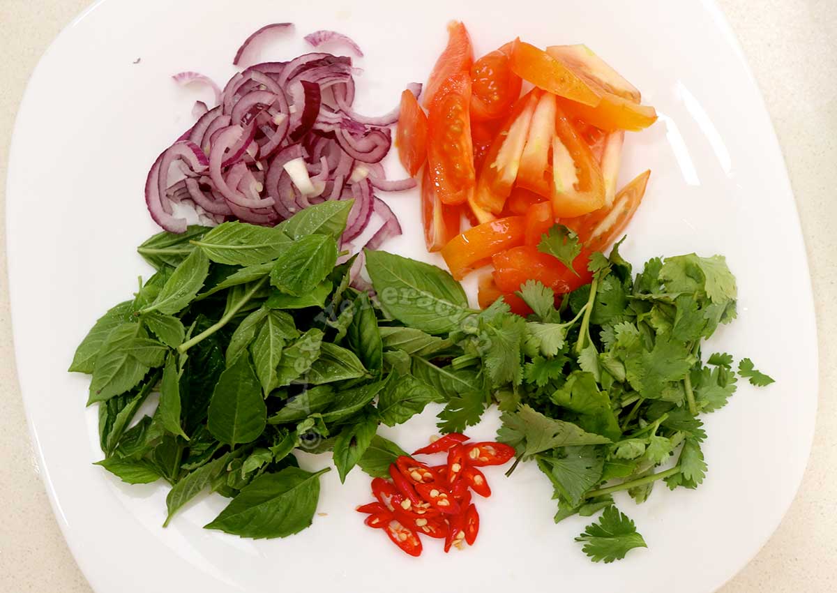 Shallot, tomato, Thai basil, cilantro and chili