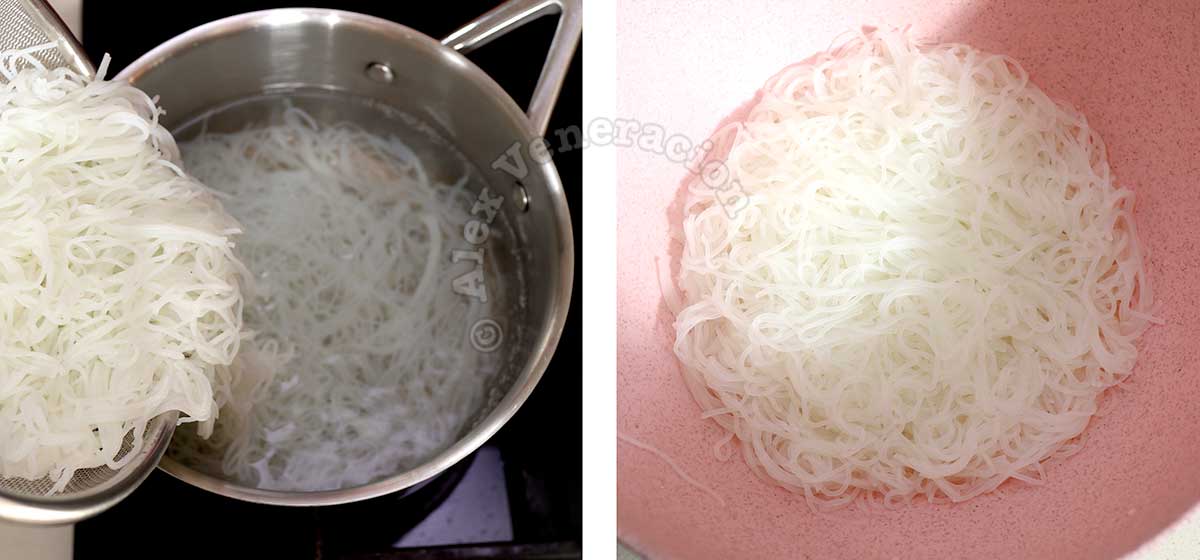 Draining softened glass noodles