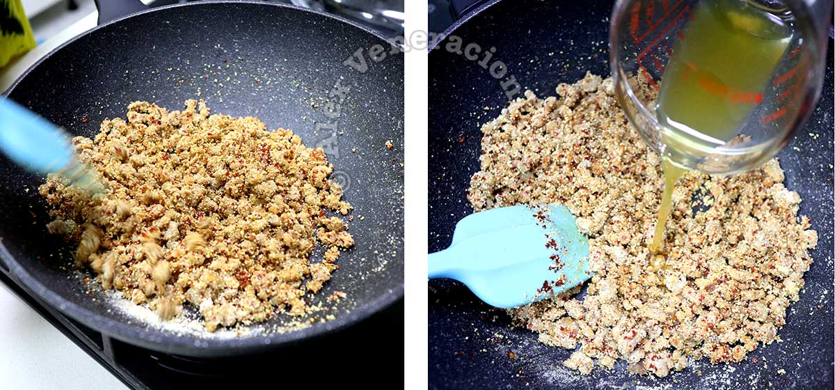 Pouring sauce over ground pork and rice in pan