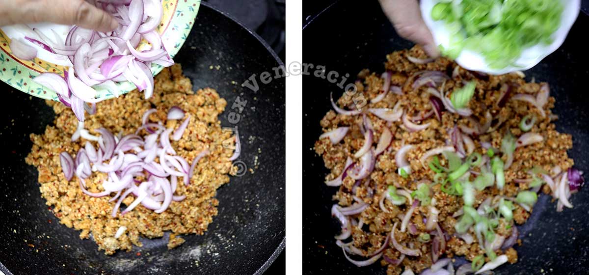 Adding shallots and scallions to ground pork in pan