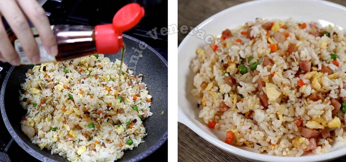 Drizzling sesame seed oil over yang chow fried rice