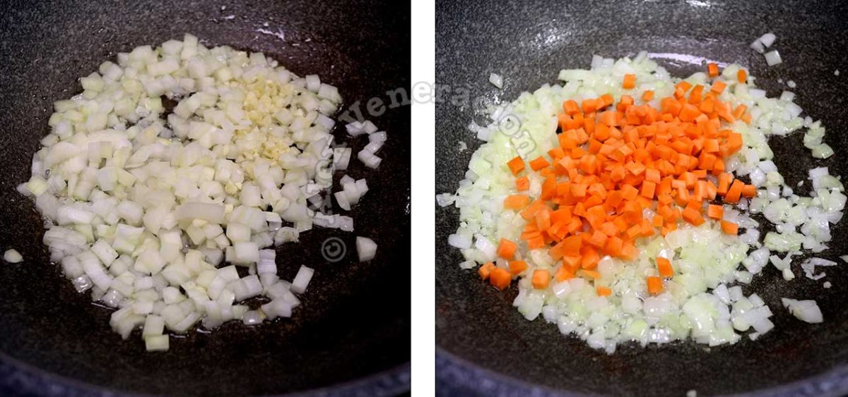 Sauteeing vegetables for yang chow fried rice