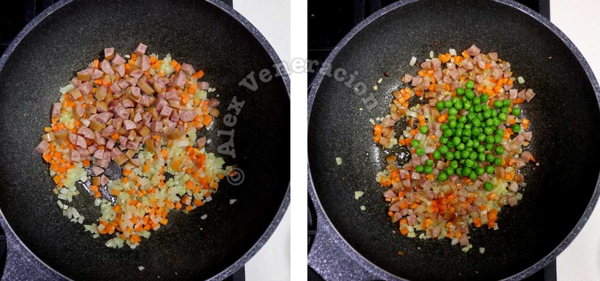 Adding meat and peas to sauteed vegetables for yang chow fried rice