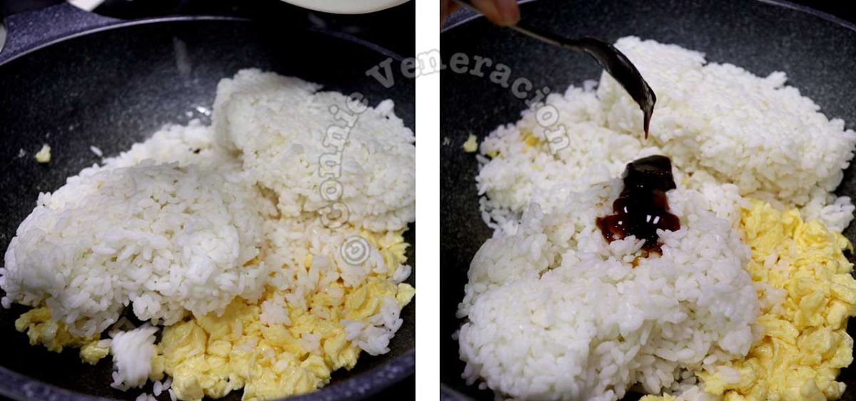 Tossing rice and scrambled egg for yang chow fried rice