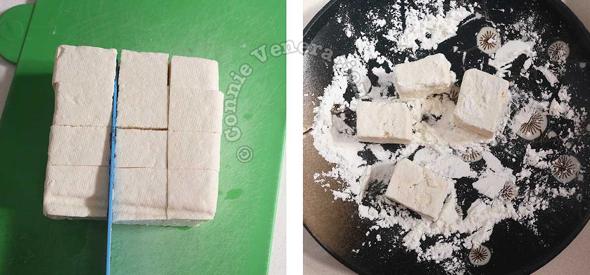 Dredging tofu cubes in starch