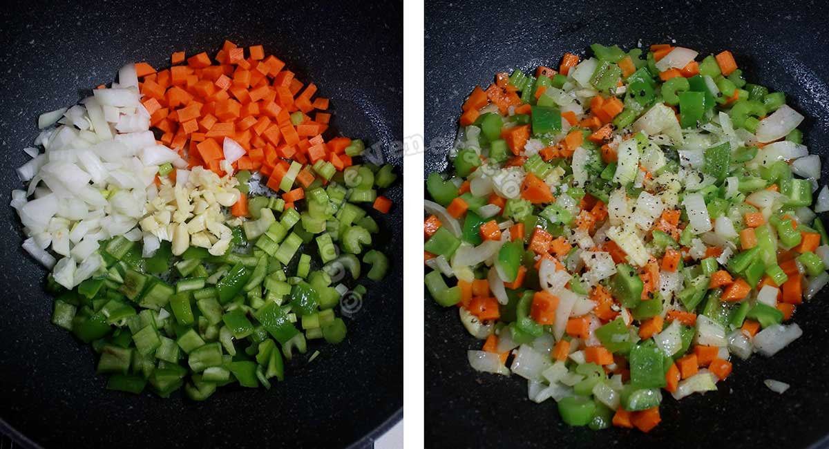Sauteeing onion, carrot, bell pepper, celery and garlic with salt and pepper