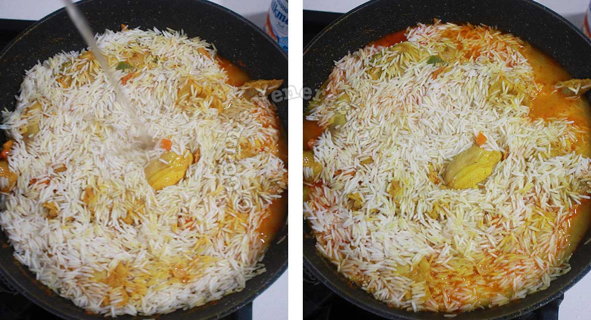 Adding soaked basmati and broth to chicken, sausage slices and vegetables in pan