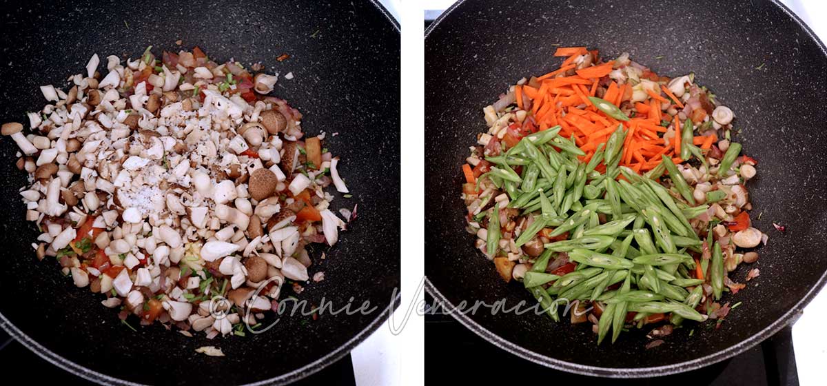 Adding carrot and green beans to sauteed spices in wok