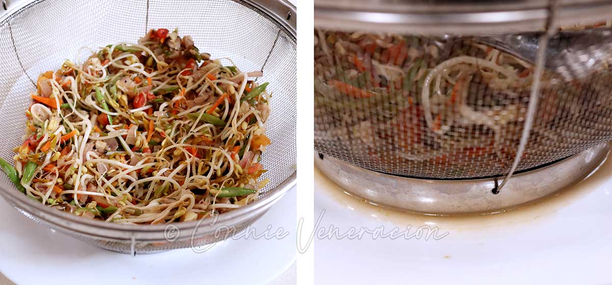 Draining bean sprout filling before using for spring rolls
