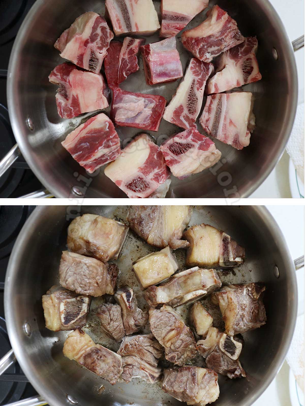 Browning beef short ribs in a pot
