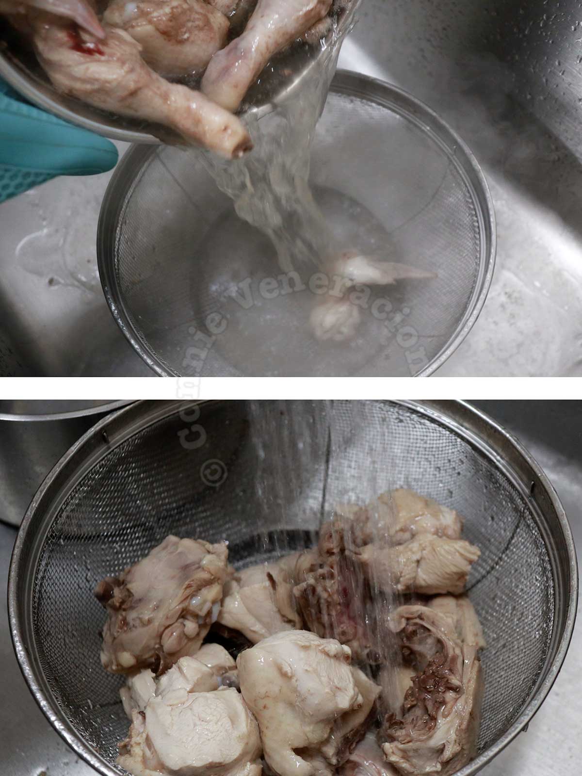 Draining and rinsing parboiled chicken to remove impurities