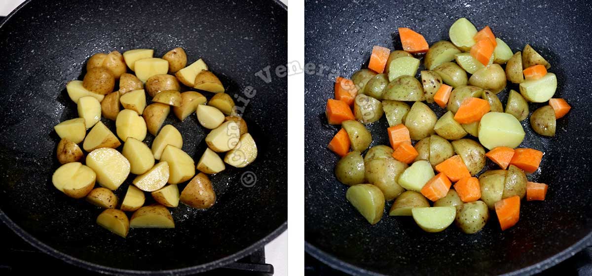 Frying baby potatoes and carrots