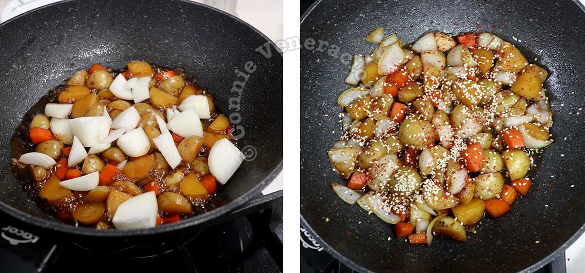 Adding onion, sesame seeds and chili flakes to braised baby potatoes and carrots