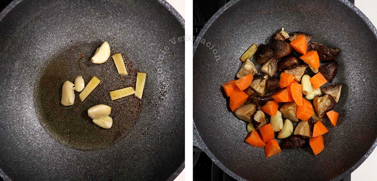 Sauteeing garlic and ginger before adding shiitake and carrot