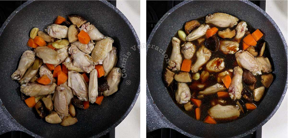 Braising chicken, mushrooms and carrots with ginger and garlic in sauce