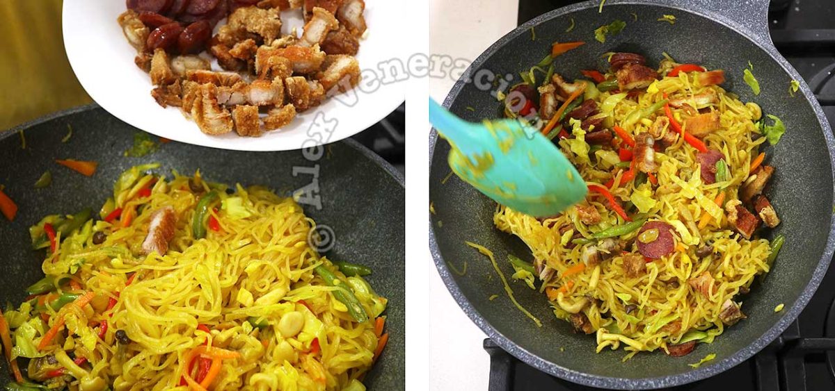 Adding cooked meat to stir fried Singapore noodles (curry bee hoon)